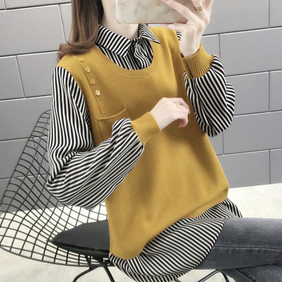 Fake Two Piece Striped Shirt Sweaters Women's Lapel Collar Long Sleeve Pullover Tops Spring Autumn Outerwear Knitted Sweater