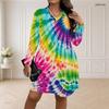 Women Plus Size V Neck Long Sleeve Rainbow Tie Dye Printed Loose Curved Hem Dress