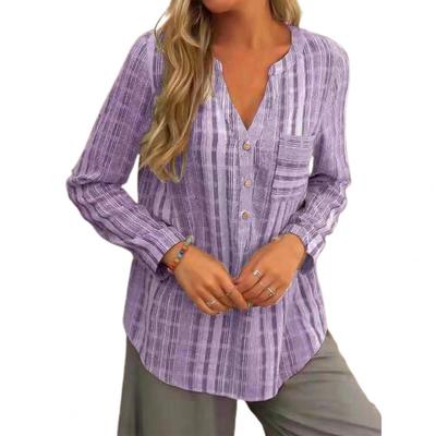 Women Popular Shirt Stripe V-Neck Irregular Hem Skin-friendly Summer Pocket Blouse Long Sleeve Blouse for Daily Wear