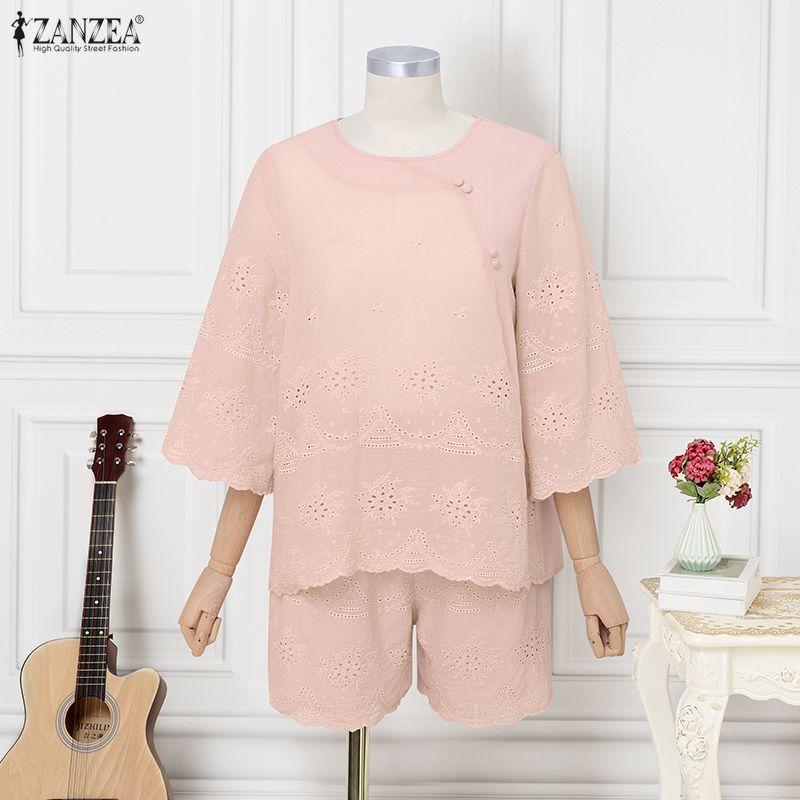 ZANZEA Women Short Sleeve Blouse and Shorts Summer Two Piece Suit Sets