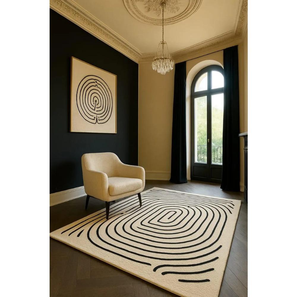 Abstrakt Linjekonstmatta – Nordisk Labyrint Golvmatta för Heminredning - Svartvit Matta Matsalsmatta