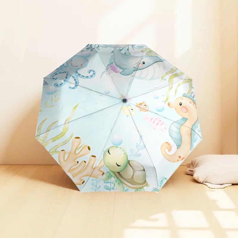 Underwater Friends Automatic Opening/Closing Umbrella - Portable Tri-Fold Design with 8-Bone Iron Frame, Perfect for Outdoor Use, Festive Gi