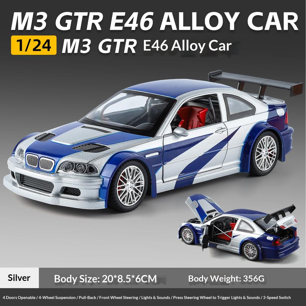 1/24 M3 GTR E46 Alloy Die-cast Car Model Simulation Sound and Light Pull-back Boy Toy Car Desktop Display Ornament Birthday Gift