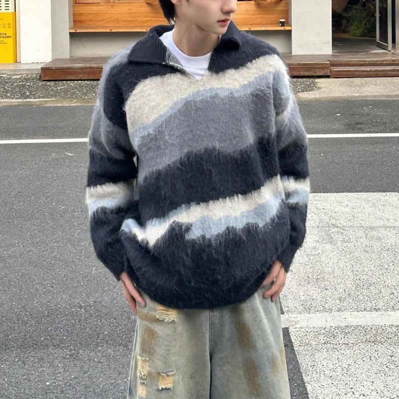 

Модные полосатые свитера контрастных цветов, мужская одежда, ретро, свободные, осенне-зимние, с отложным воротником, вязаные пуловеры L чёрный