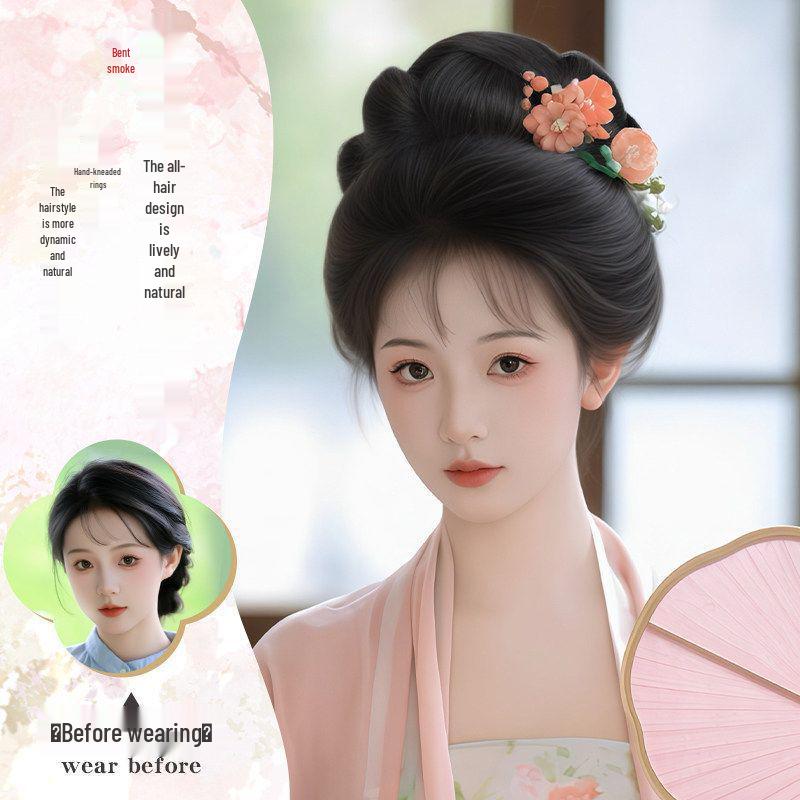 Ancient Style Hanfu Wig Bun with Full Hair Strand Updo Hairstyle Headwear Set