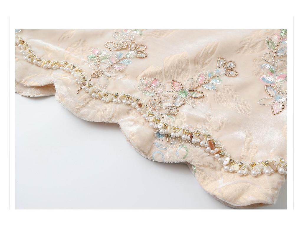 Retro Chinese A-line Sleeveless Floral Dress with Wave Bead Embroidery - Summer Edition P0165