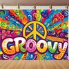 2D Retro Hippie Background Featuring Psychedelic Flowers and Hearts