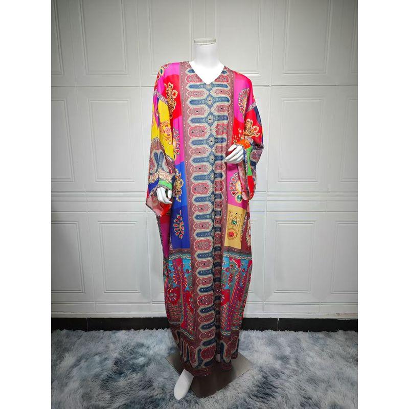 

Middle East Fashion Print Hot Drilling Batwing Sleeve Robe Dress Diamond Studded Printed Robe Multi-color One size