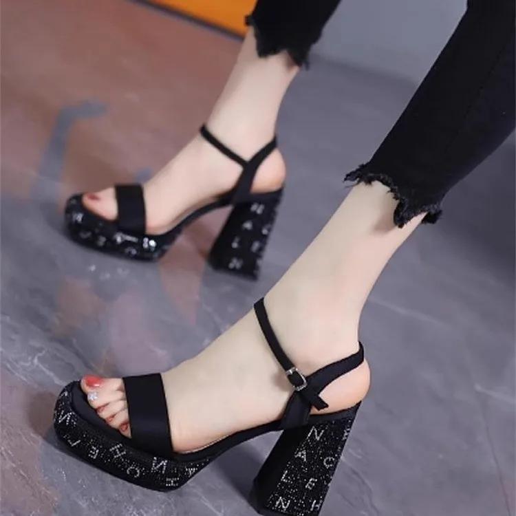 Shoes for Women 2025 New Summer Sexy Rhinestone Ladies High Heels Peep Toe Square Toe Thick with Women's Sandals