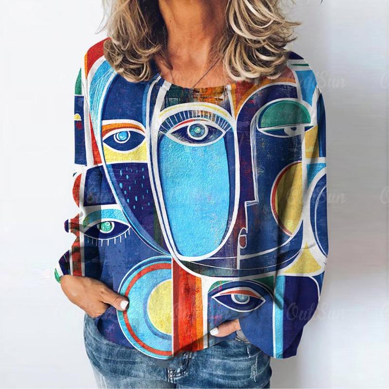 

Принт з абстрактним візерунком Жіноча футболка з довгим рукавом Осінь Круглий виріз Жіночий одяг Топи Оверсайз Хараджуку Вуличний одяг Жіночі футболки L