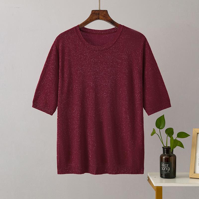 

Летняя женская яркая шелковая однотонная свободная тонкая футболка с круглым вырезом и короткими рукавами, универсальная трикотажная футболка с коротким рукавом one size темно-красного