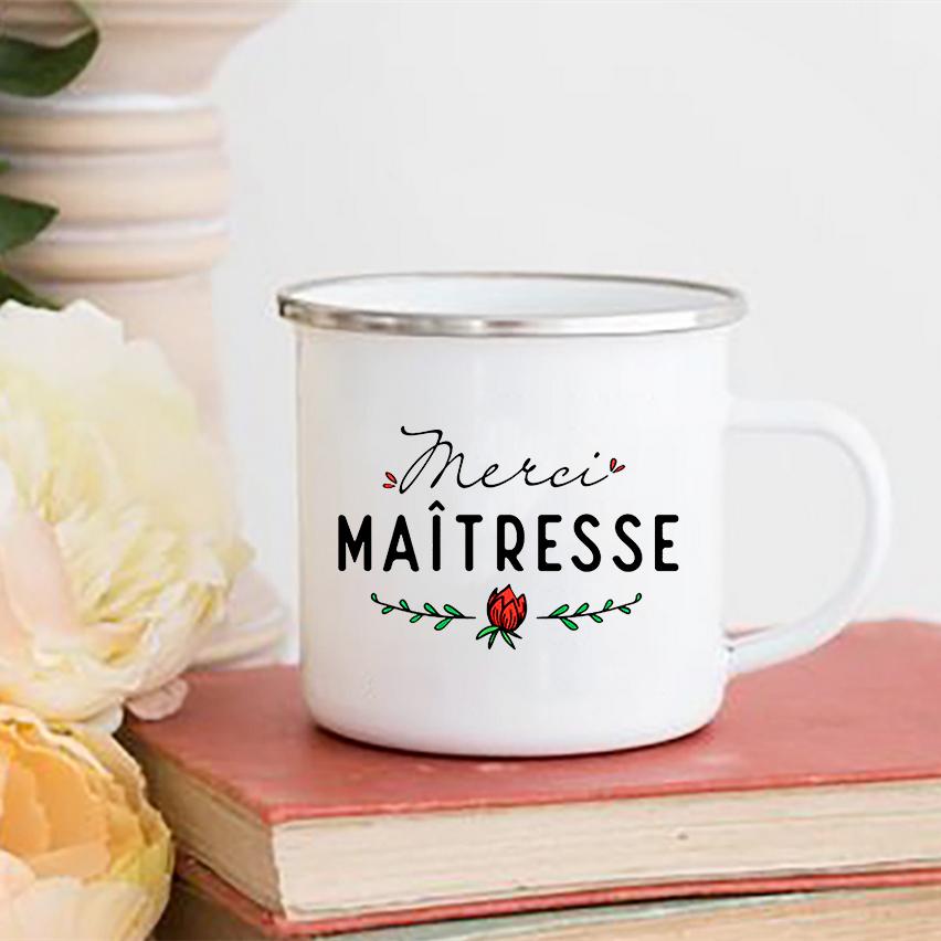 Creative Merci Maîtresse Print Mugs Coffee Cups Drinks Water Milk Cup Enamel Mug School Home Handle Drinkware Gift for Maîtresse