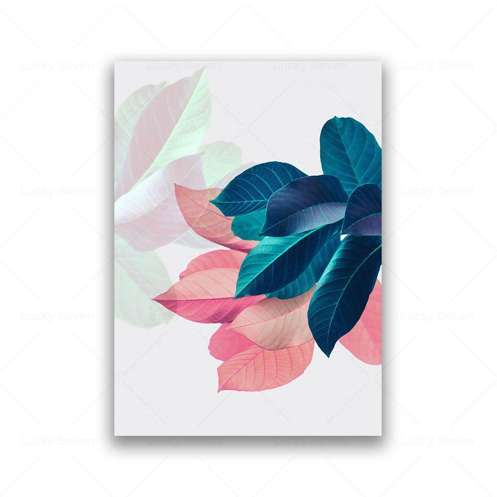 Tropical Plant Leaves Wall Art Canvas Painting Pink Flower Blue Abstract Nordic Posters and Prints Picture for Living Room Decor