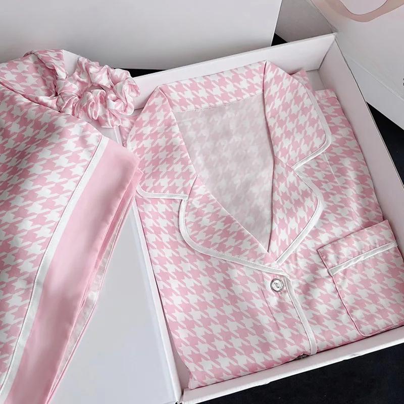 Summer New Women's Ice Silk Pajamas Homewear Set Girls Korean Thousand Bird Check Pajamas Leisure Short-Sleeved Shorts