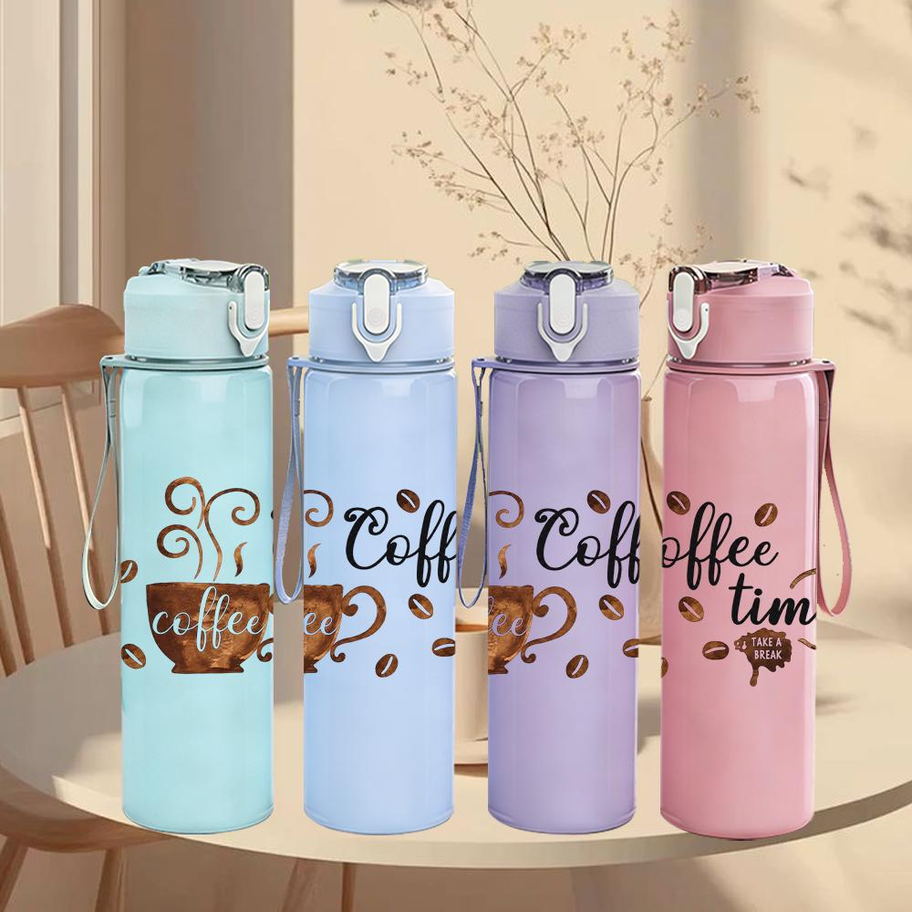 1PC Vintage Coffee Time Text 750ml Color Plastic Sports Water Bottle Leakproof Flip Straw Lid Suitable for Sports Office Home Use