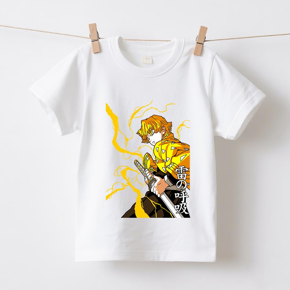 Demon Slayer Zenitsu Anime Print Cotton T Shirt for Children Boys Girls Summer Short Sleeve Casual Daily Wear Tops