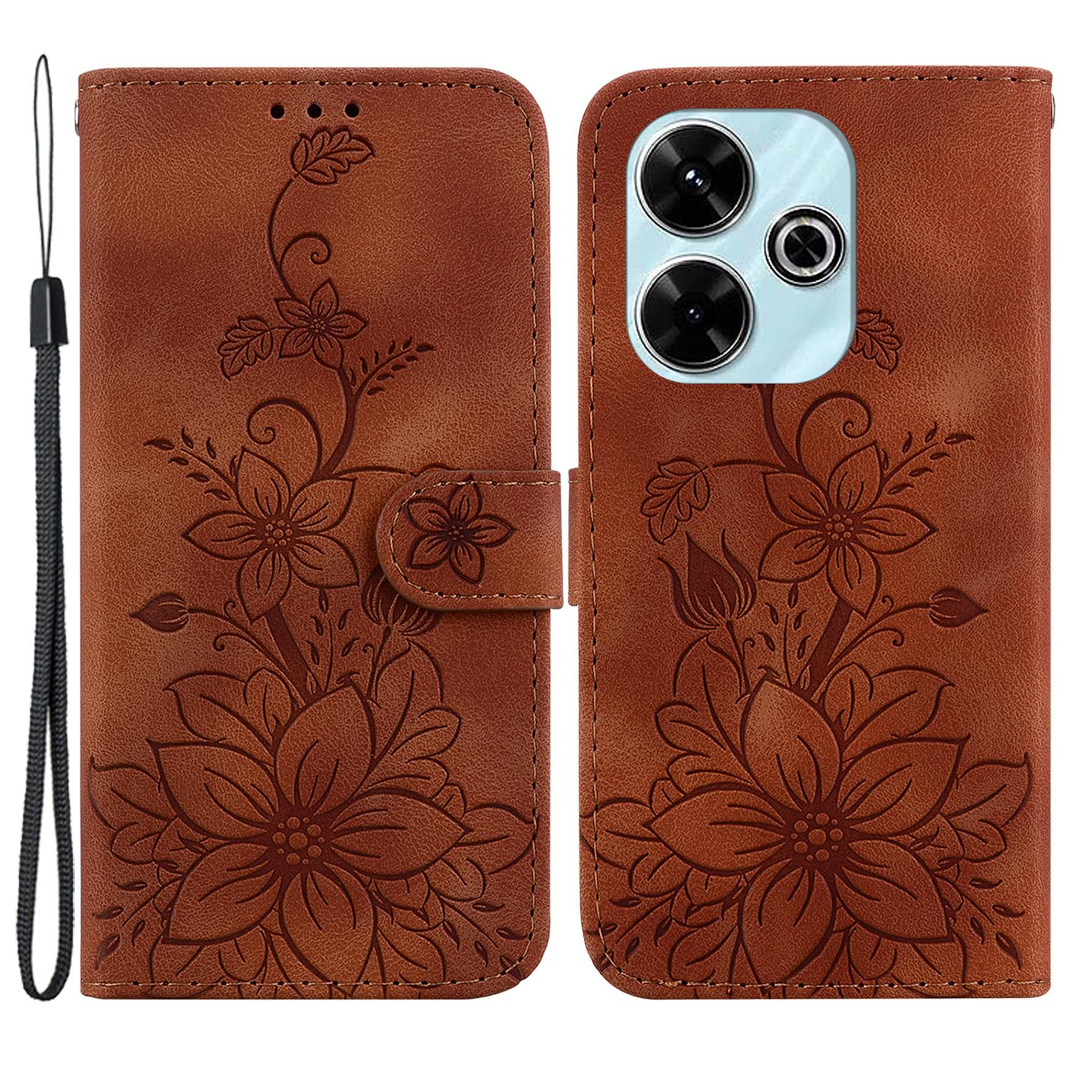 

For Xiaomi Redmi 13 5G/13 4G/Poco M6 4G Case PU Leather Lily Flower Anti-Drop Phone Cover Brown