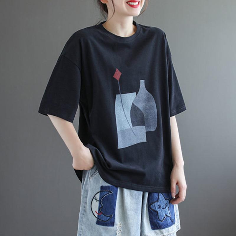 T-shirt for Women Summer Cotton Pullover Shirt Soft Loose Printed Casual Comfortable Short-sleeved Top