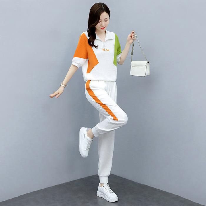 

Стильный женский летний спортивный повседневный костюм-двойка 2023 года - Молодежный комплект с брюками-джоггерами M белый