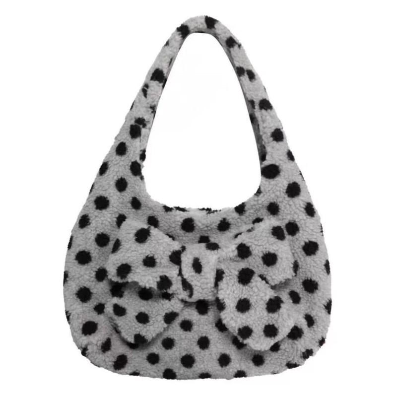 Japanese Sweet Cute Bow Tote Bag Women Plush Polka Dot Large Capacity Shoulder Bags Ladies Harajuku Versatile Daily Underarm Bag