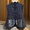 Vintage Schwarze bestickte Weste mit Knopf Chinesischer Stil Stickerei Ärmellose Jacke