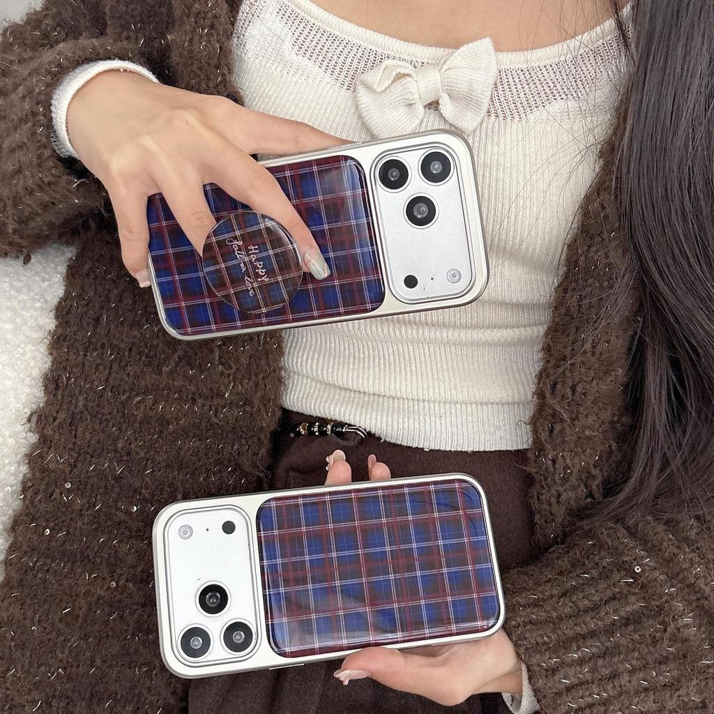 Retro Red Plaid Electroplated Silver Resin Drop Case for iPhone 16/15/14, Compatible with iPhone 17 Pro Max.