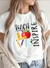 Cotton Short Sleeve T-Shirt for Teachers, Featuring Teach Love Inspire Design with Apple and Supplies