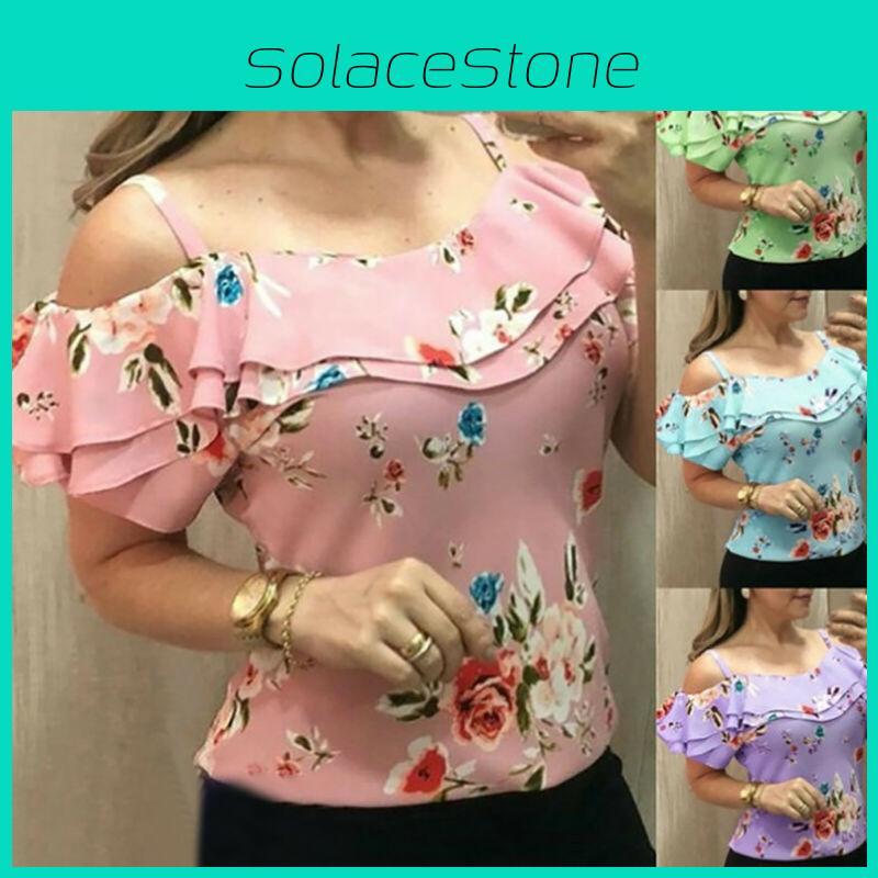 Print Floral Women Cold Shoulder Tops Summer Beach Tank Tops Vest Blouses Shirt