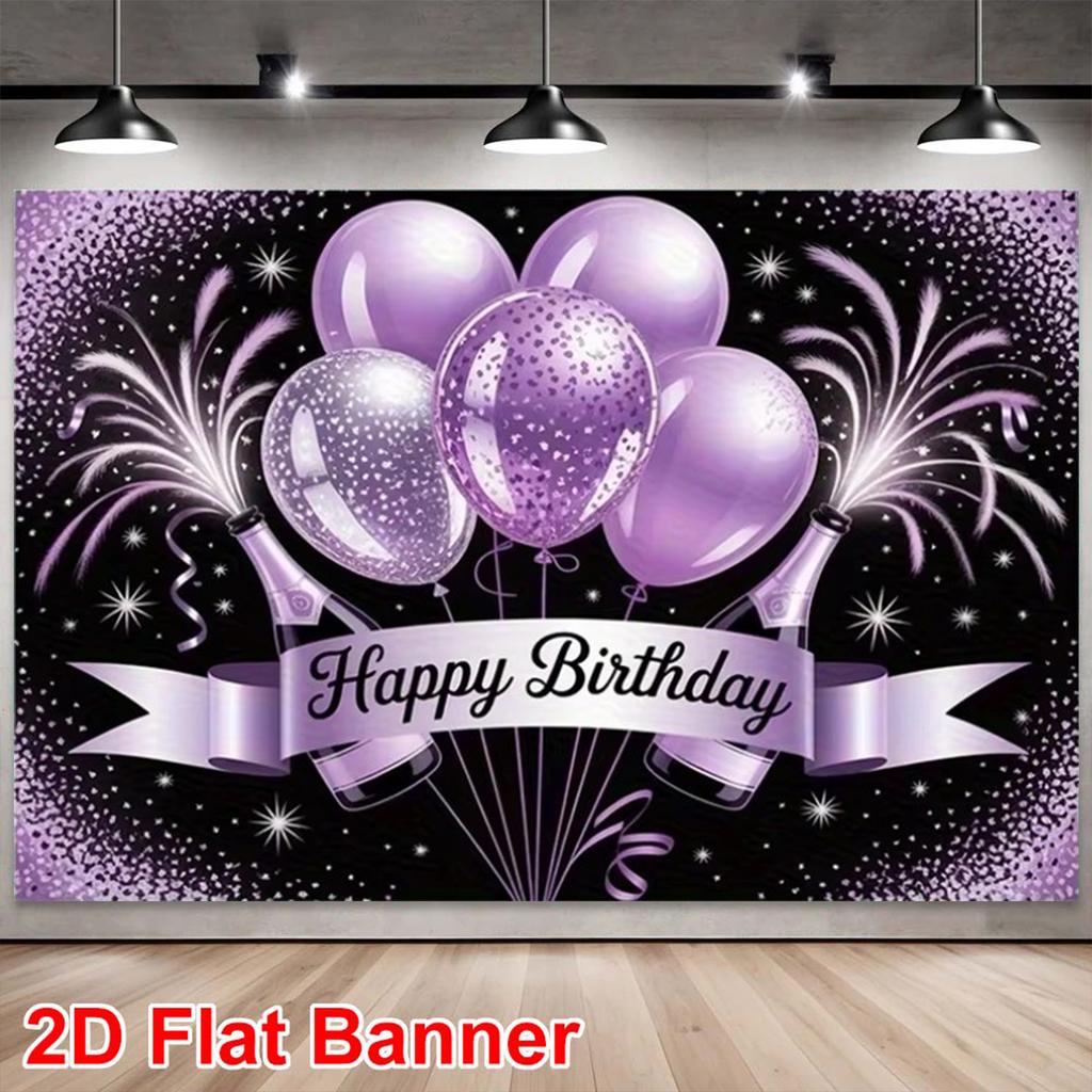 1 Piece Happy Birthday Party Banner - Vibrant Purple and Black Balloon Design, Sparkling Stars, Durable Polyester Backgr
