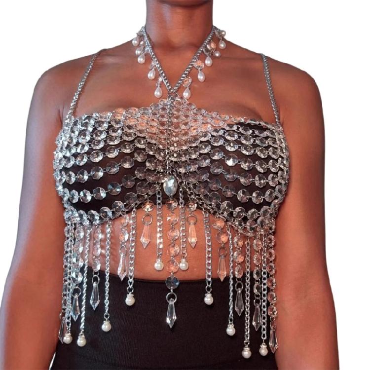 Glittering Tassels Body Chain Jewelry Adjustable Acrylic Crystal Halter Top For Women Beach Parties Fashion Accessory 1