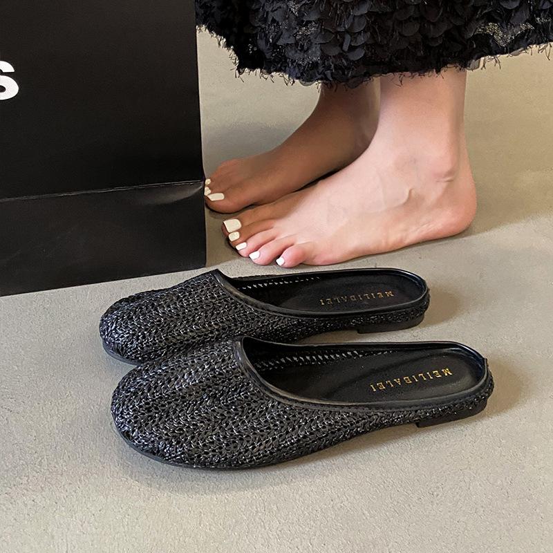 

Holiday style bag head woven half slippers women s 2025 summer new wear breathable round head lazy cool slippers 35 чёрный