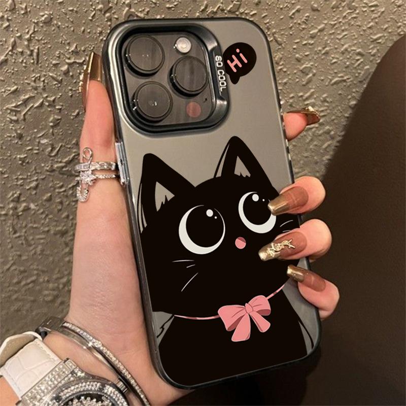 Cartoon Black Cat Eating Fish Electroplate Silver Case For  Redmi Note 14 13 12 11 10 Pro Plus 5G 12S Redmi 14C 13 Cover