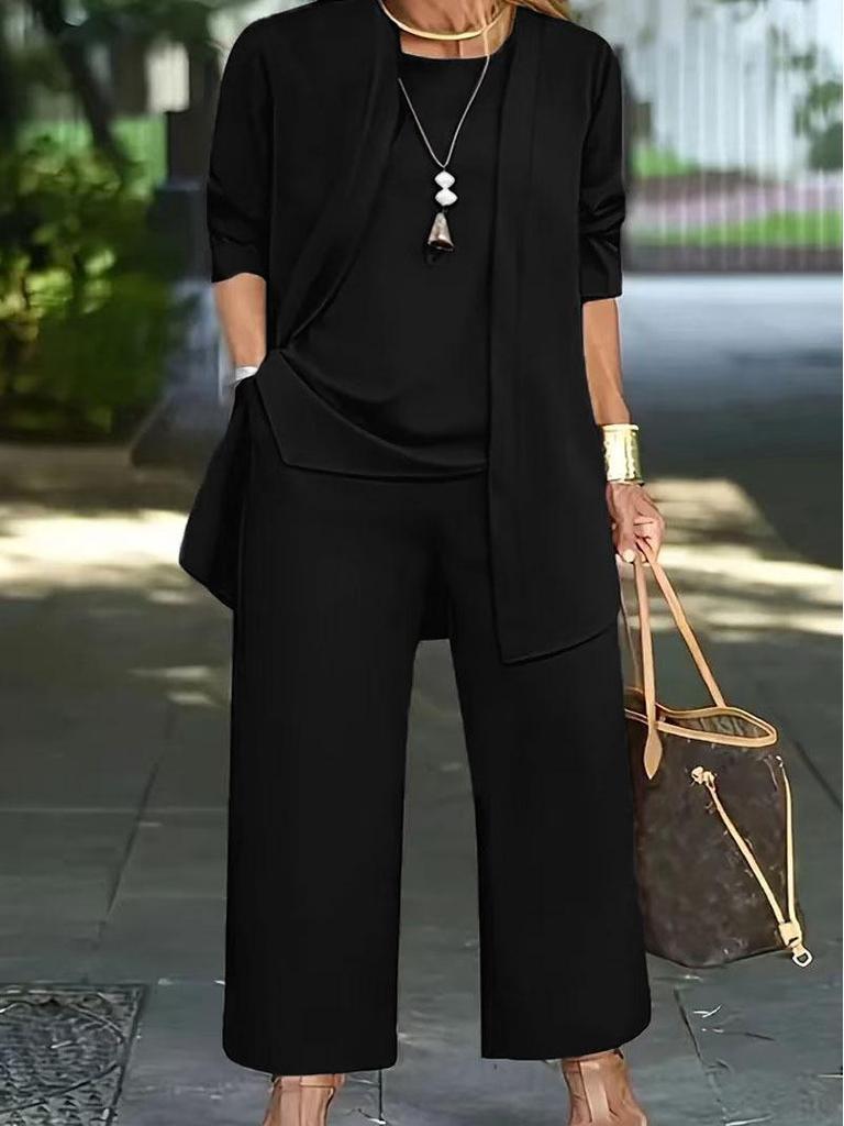 סט שלושה חלקים קז'ואלי אירופאי-אמריקאי לסתיו/חורף בצבע אחיד: מכנסיים ארוכים, קרדיגן שרוולים ארוכים ווסט לנשים