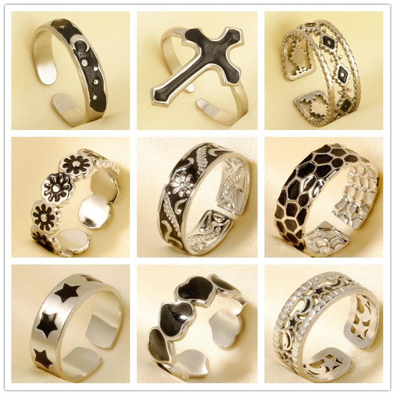 Different Style Silver Color Ring Black Oil Drop Open Adjustable Stainless Steel Rings For Women Men Accessories Enamel Jewelry