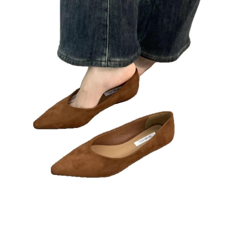 Retro buty damskie na niskim obcasie ze szpiczastym noskiem z płytkim wycięciem, buty na jeden pedał do dojazdów do pracy, nowe na wiosnę i jesień 2025, zamszowe, z temperamentem