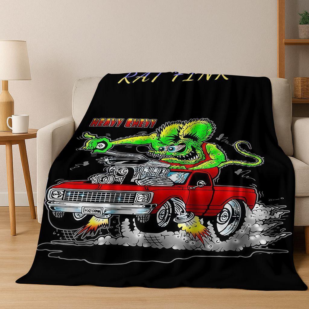 3D Buntowniczy RAT FINK Samochody Znak Kreskówkowy Koc Flanelowy, Ciepły i Przytulny Miękki Koc Rzutowy do Domu Sypialni Łóżka Sofy Pokrycie Piknikowe