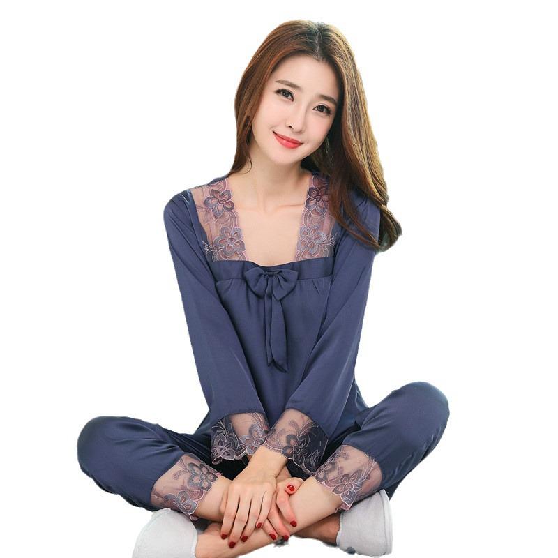 Gui Xiu Unisex Faux Silk Pajamas Long Sleeve Set - Two-Piece Spring/Summer Loungewear