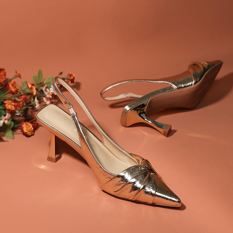 

New Style Golden Pleated Sexy Women s Sandals Pointed High Heeled Banquet High Heeled Sandals High Heeled Women s Shoes 35