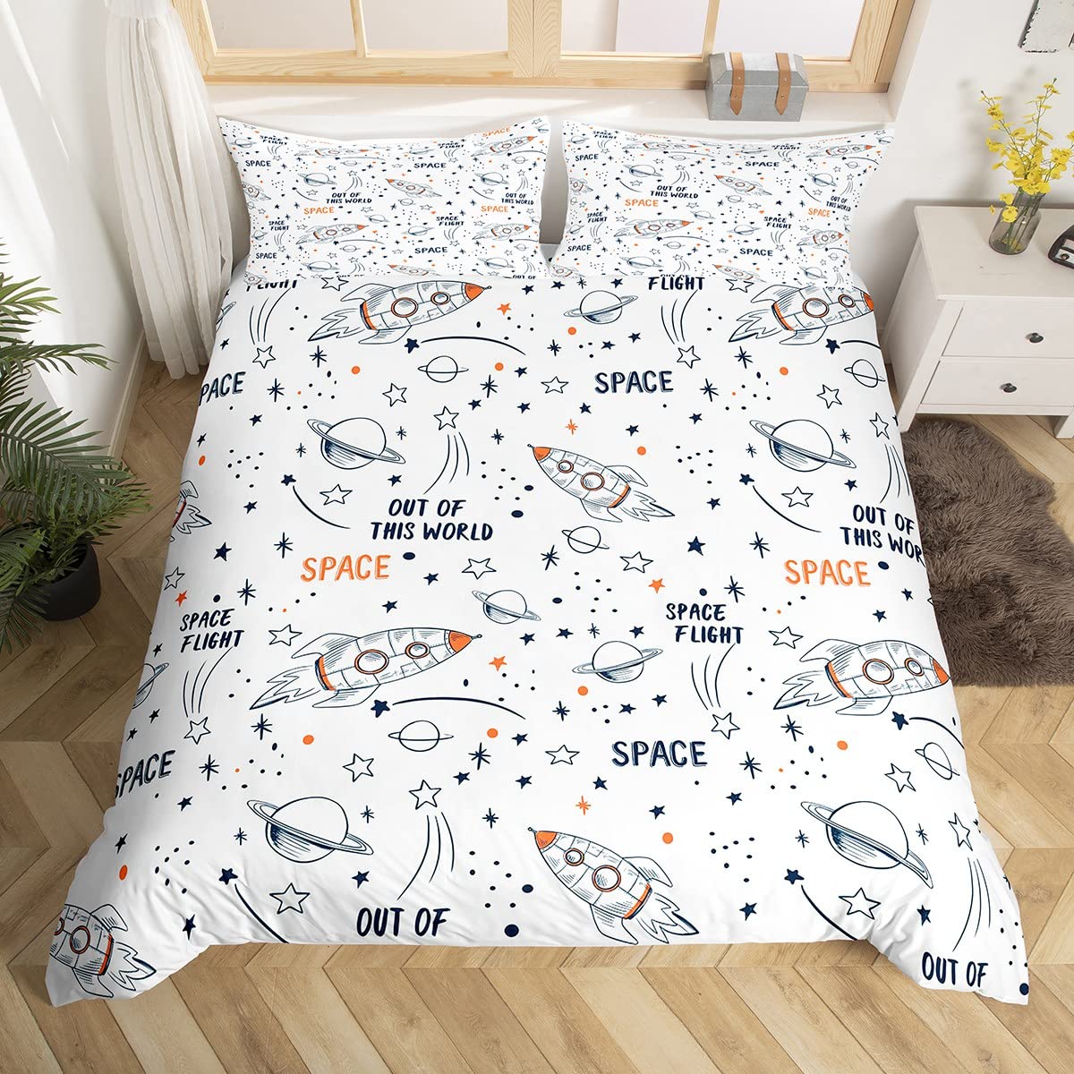 

Kids Rocket Duvet Cover Twin Boys Space Planet Theme Bedding Set 3pcs Set Watercolor Spaceship Stars Universe Comforter Cover EU Single(135x200cm)