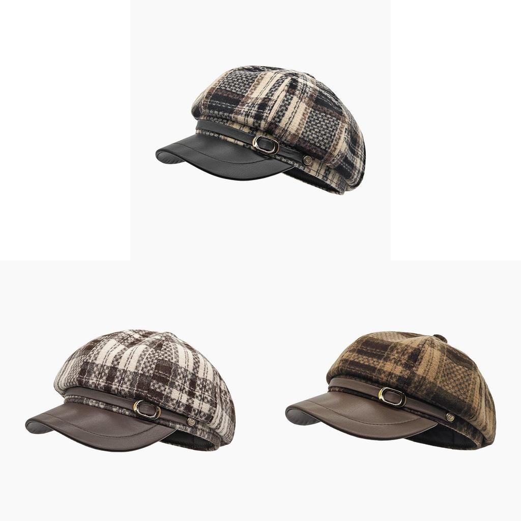 British Style Wool Blend Plaid Newsboy Cap With Wide Brim For Cold Weather Fashion