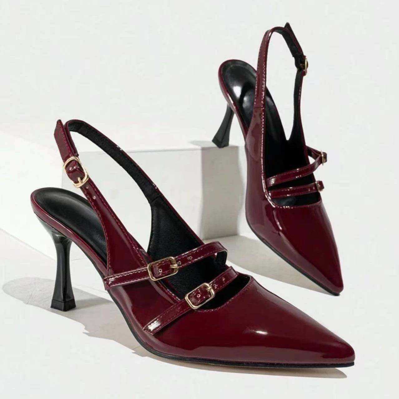 

Leisure Pumps Sandals Female Office Career Thin High Heels Pointed Toe Shoes for Women Leather Slip on Summer Sandals 36 красный