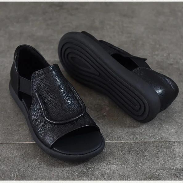 Johnature Simple Versatile Flat Sandals Genuine Leather Cowhide Hollowed Out Peep Toed Women's Shoes