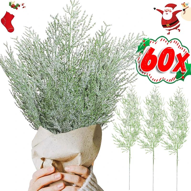 1/60Pcs Christmas Frosted Pine Branches Artificial Faux Cedar Fake Snow Sprigs Pine Leaves Plastic Cypress Garland Wreath DIY