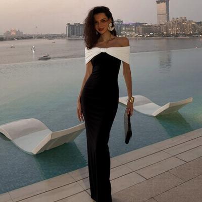 Elegant Off Shoulder Bow Short Sleeve Formal Evening Dress 2026 Gown Fashion Black and White Party Bodycon Maxi Dress Sexy Slim Fit Clothing