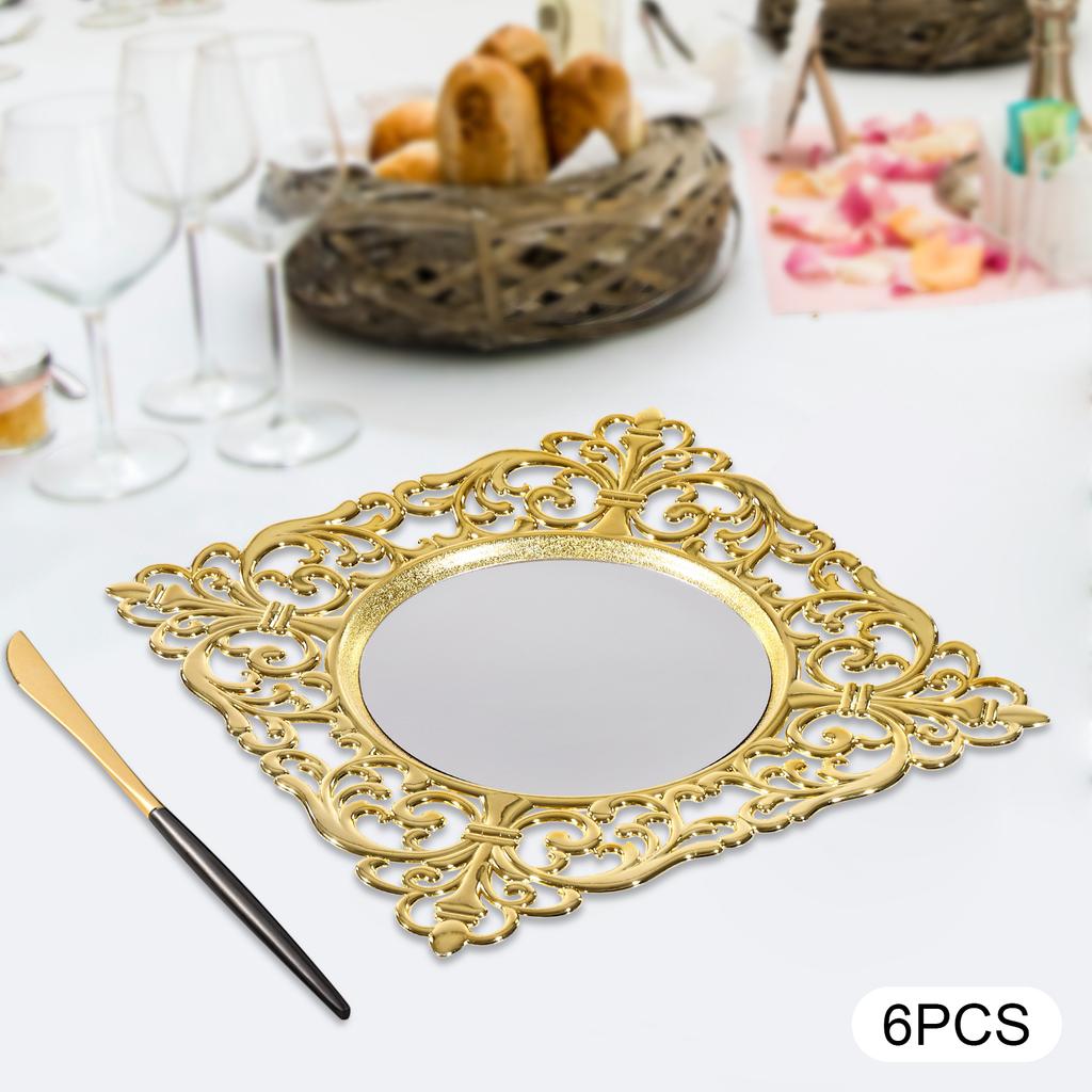 6pcs 12Inch Mirror Gold Decorative Charger Plates, Elegant Square Dinner Plates for Wedding, Party, Festive Dining Table Setting