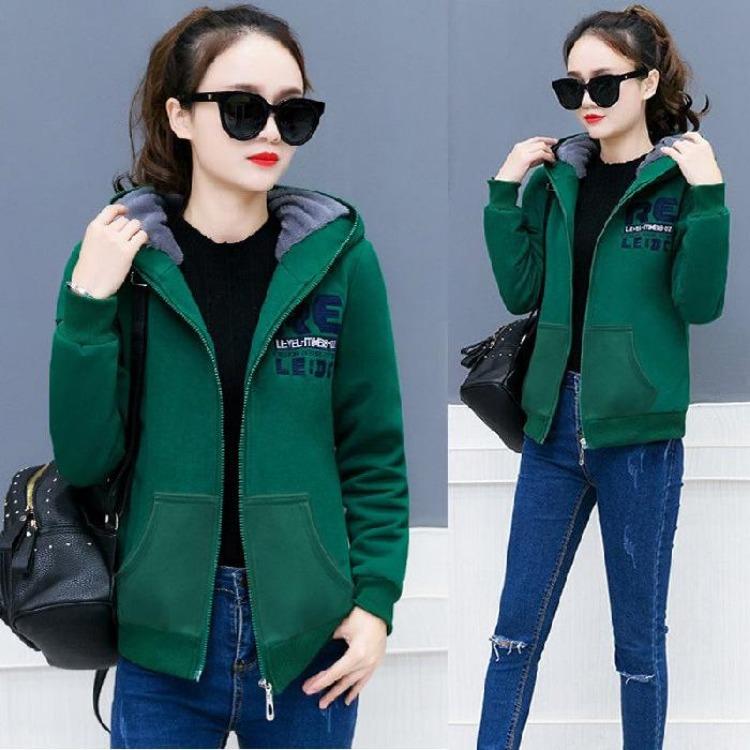 

Women s Korean Plus Size Loose Hooded Fleece Cardigan Sweater Jacket for Students 3XL зелений