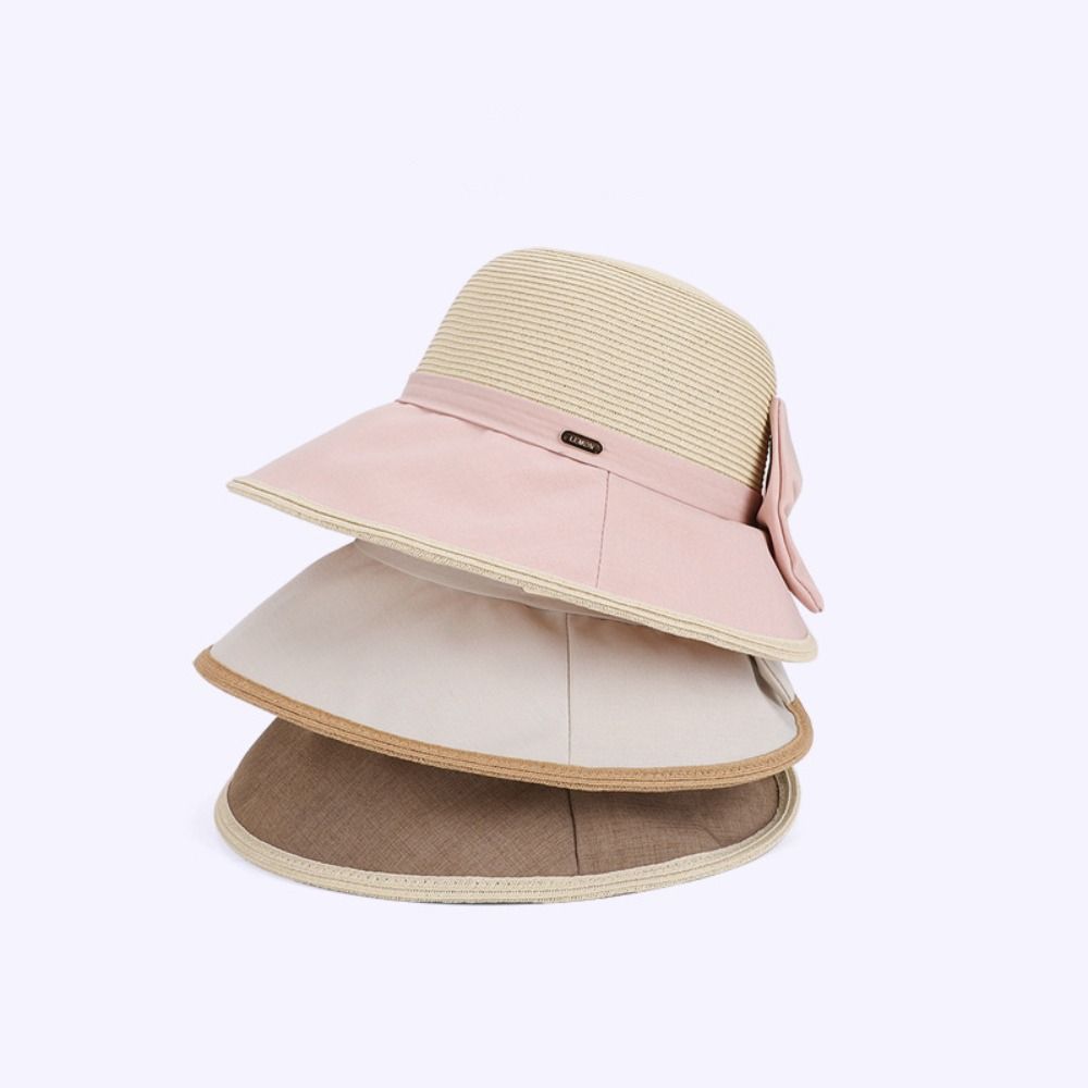 Wide Brim Bow Fisherman Hat Weave Straw Hat Fashion Sun Cap  Climbing