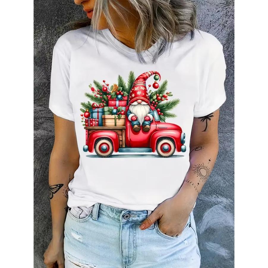 Women's Christmas Gnome Graphic T-Shirt Short Sleeve Round Neck Casual Top Washable Holiday Party Tee for Women, Gnome Gift