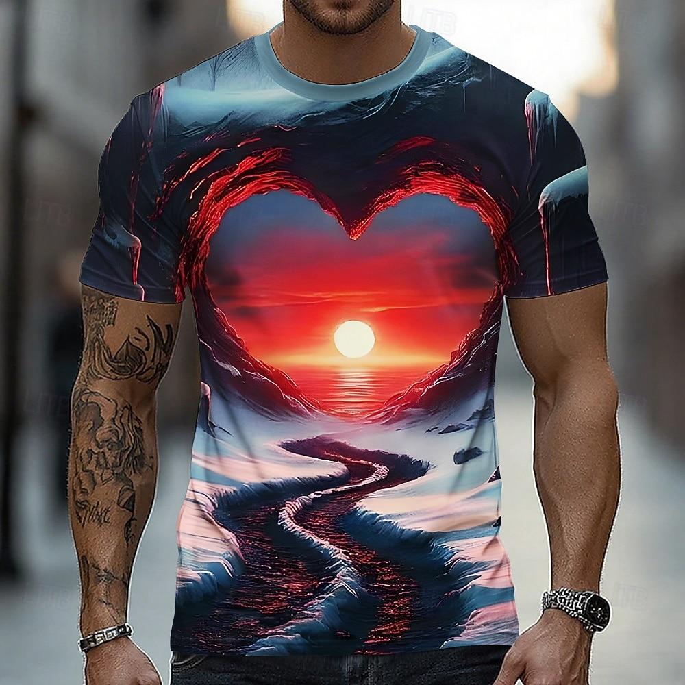 Valentine s Day Men s Optical Illusion 3D T Shirt Short Sleeve T shirt 3D Print Crew Neck Crewneck XL
