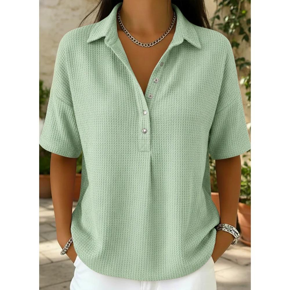 Women's Polo Neck Short Sleeve Waffle Knit Henley Shirt Casual Loose Button Down Blouse